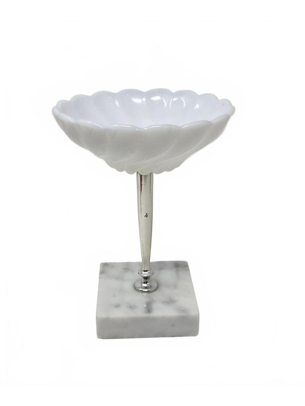 White Milk Glass Pedestal Dish with Marble Base | Scalloped Compote